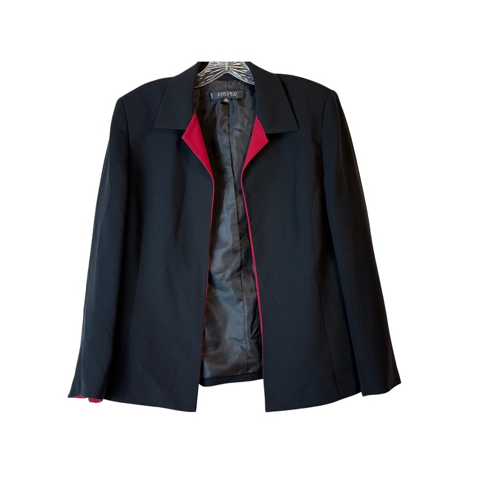 Kasper Petite Black Blazer Red Lined Collarless Open Front Size‎ 12P Holiday